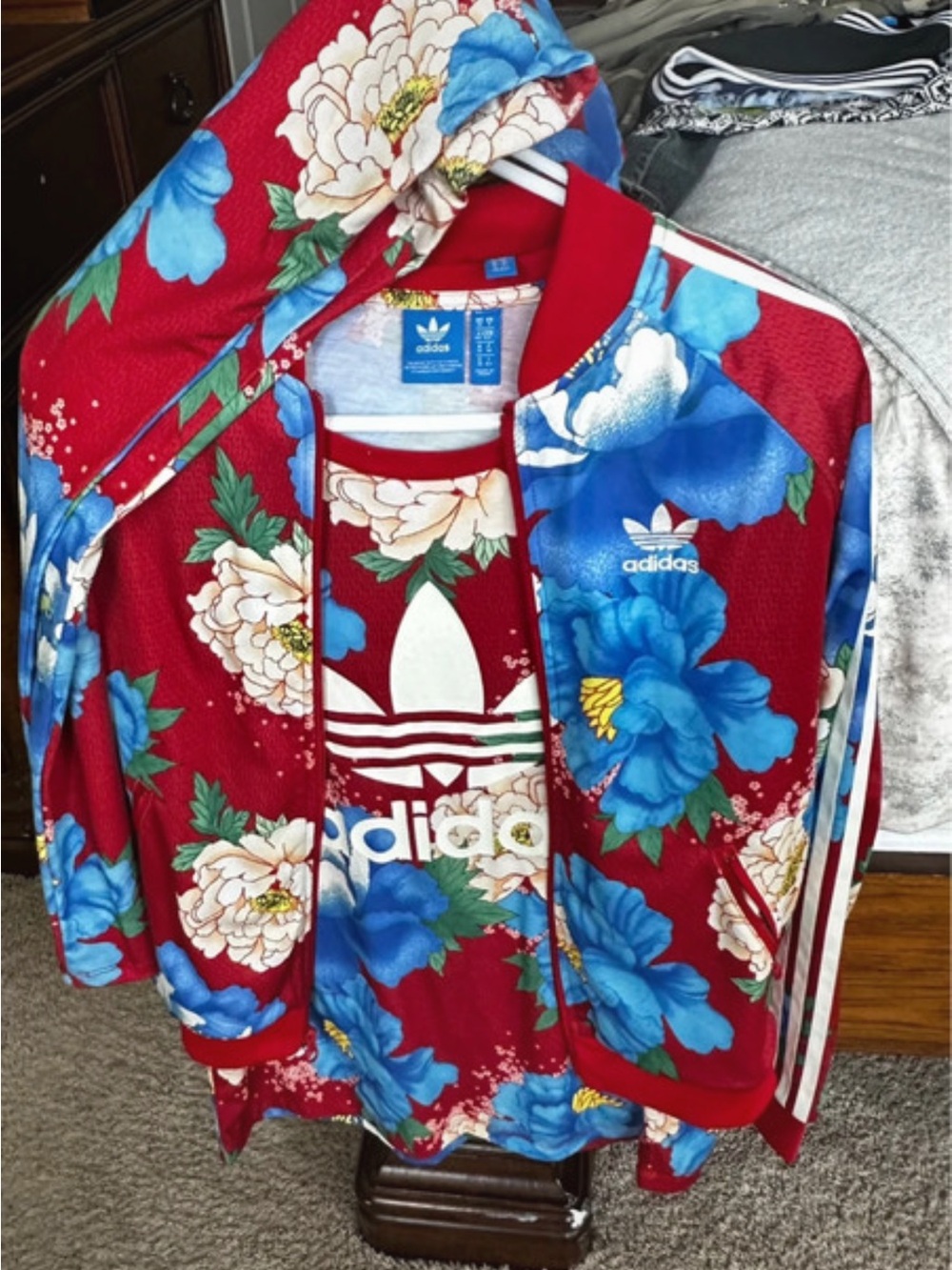 adidas 3pc Red Floral Bomber Jacket set with Blue & Cream Blooms